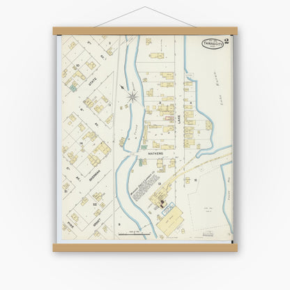 Old map wall art mockup — magnetic wood frame on white wall — Sanborn Fire Insurance Map from East Tawas, Iosco County, Michigan (1890), Sheet #0002