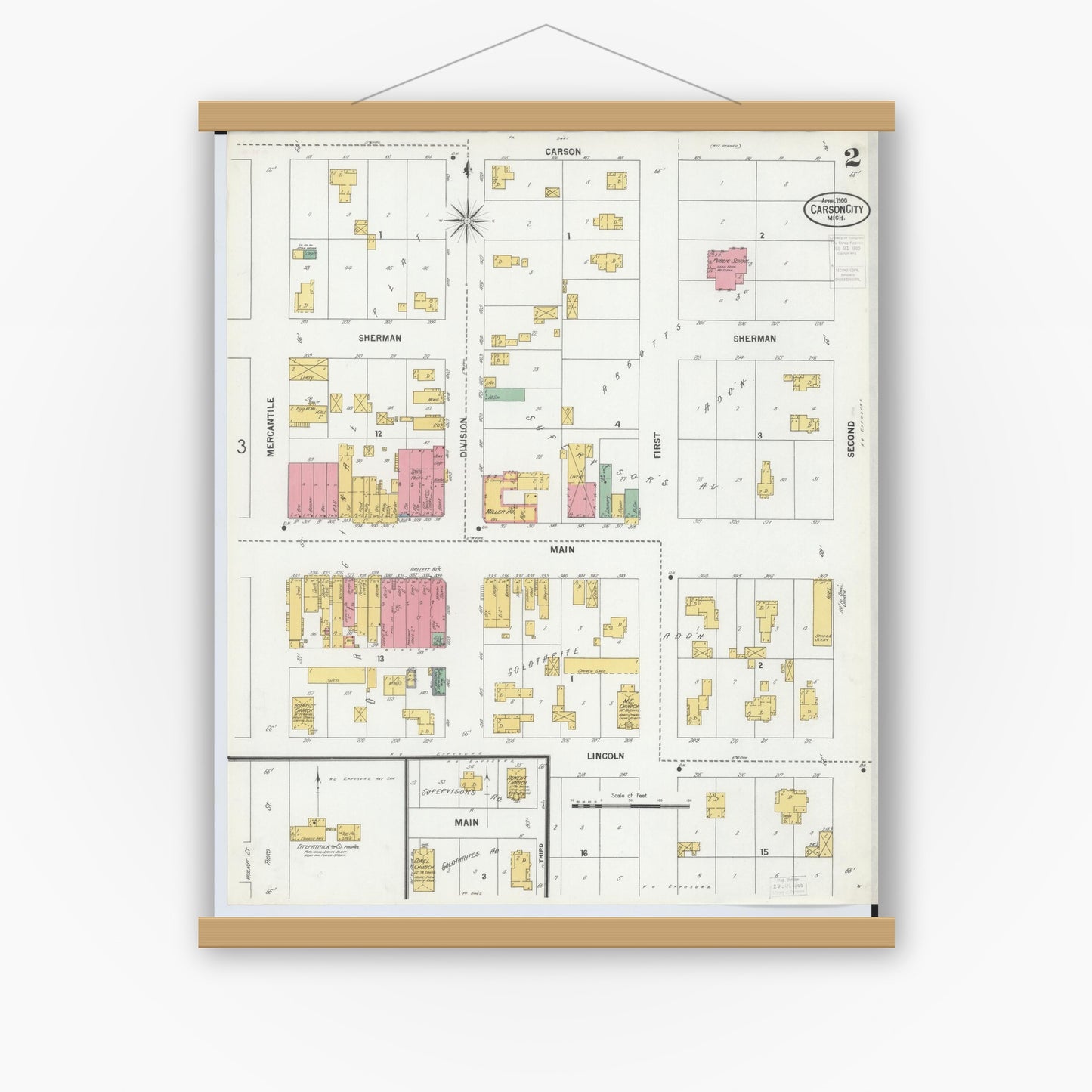Old map wall art mockup — magnetic wood frame on white wall — Sanborn Fire Insurance Map from Carson City, Montcalm County, Michigan (1900), Sheet #0002