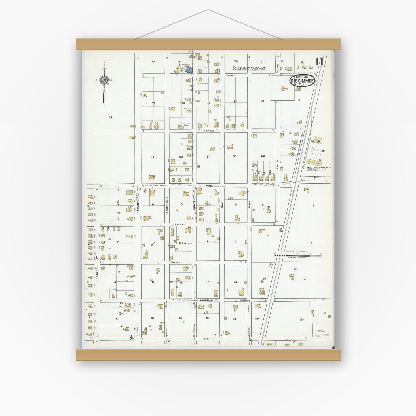 Old map wall art mockup — magnetic wood frame on white wall — Sanborn Fire Insurance Map from Kissimmee, Osceola County, Florida (1920), Sheet #0011