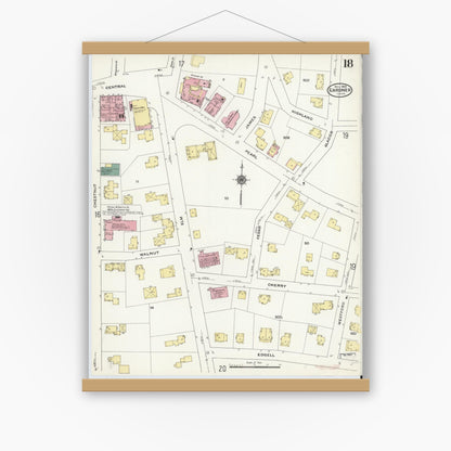 Old map wall art mockup — magnetic wood frame on white wall — Sanborn Fire Insurance Map from Gardner, Worcester County, Massachusetts (1909), Sheet #0018