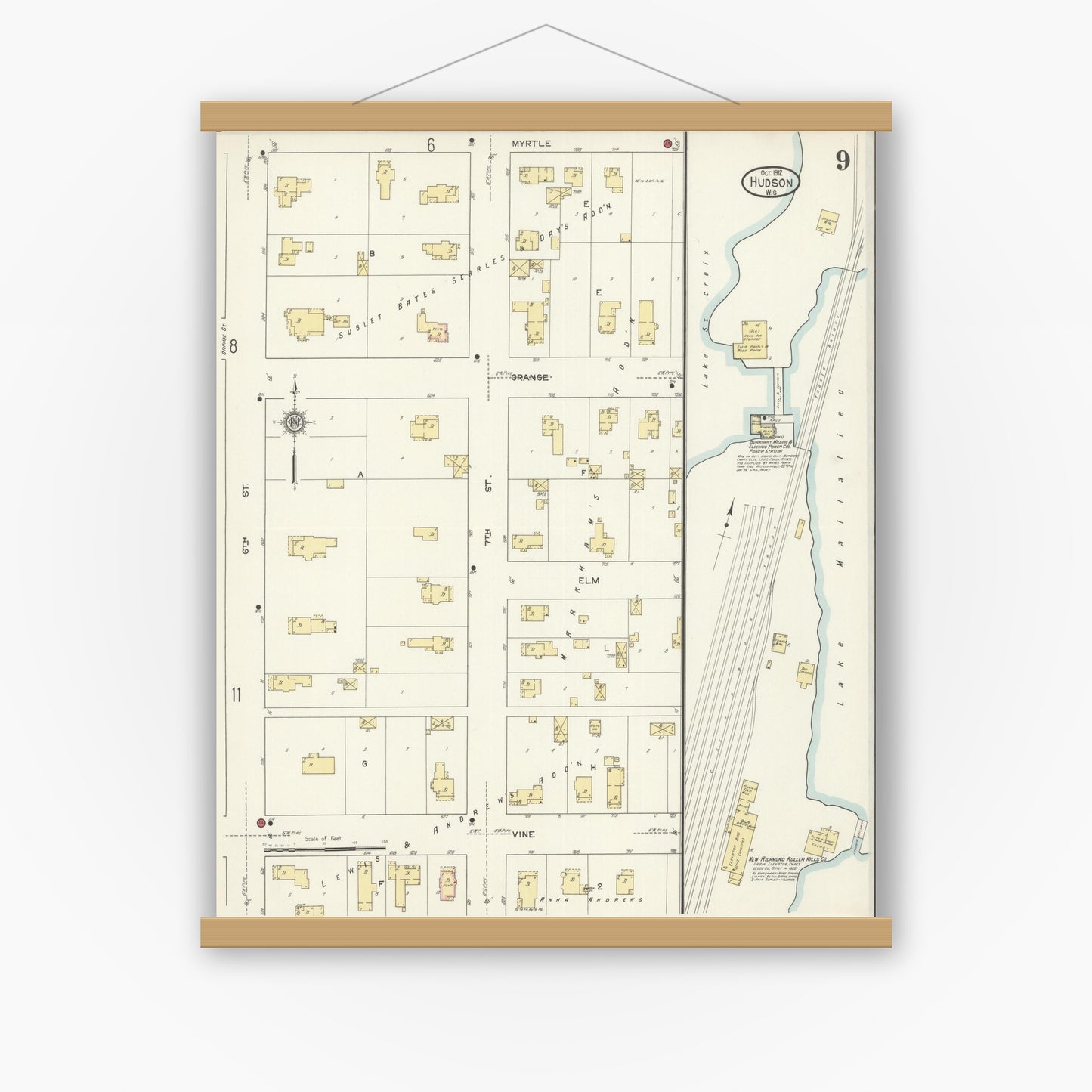 Old map wall art mockup — magnetic wood frame on white wall — Sanborn Fire Insurance Map from Hudson, St. Croix County, Wisconsin (1912), Sheet #0009