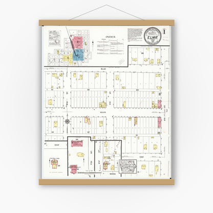 Old map wall art mockup — magnetic wood frame on white wall — Sanborn Fire Insurance Map from Elma, Howard County, Iowa (1920), Sheet #0001