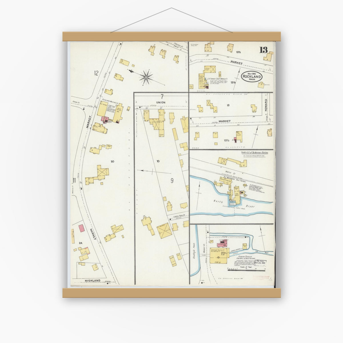 Old map wall art mockup — magnetic wood frame on white wall — Sanborn Fire Insurance Map from Rockland, Plymouth County, Massachusetts (1906), Sheet #0013