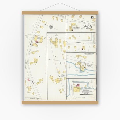 Old map wall art mockup — magnetic wood frame on white wall — Sanborn Fire Insurance Map from Rockland, Plymouth County, Massachusetts (1906), Sheet #0013