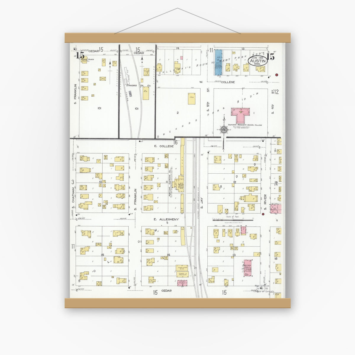 Old map wall art mockup — magnetic wood frame on white wall — Sanborn Fire Insurance Map from Austin, Mower County, Minnesota (1926), Sheet #0015