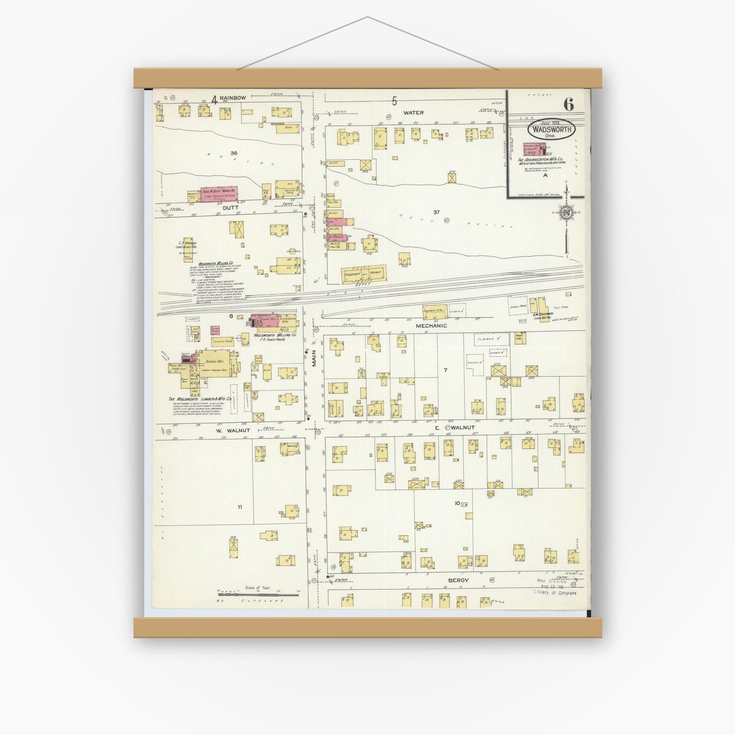 Old map wall art mockup — magnetic wood frame on white wall — Sanborn Fire Insurance Map from Wadsworth, Medina County, Ohio (1913), Sheet #0006