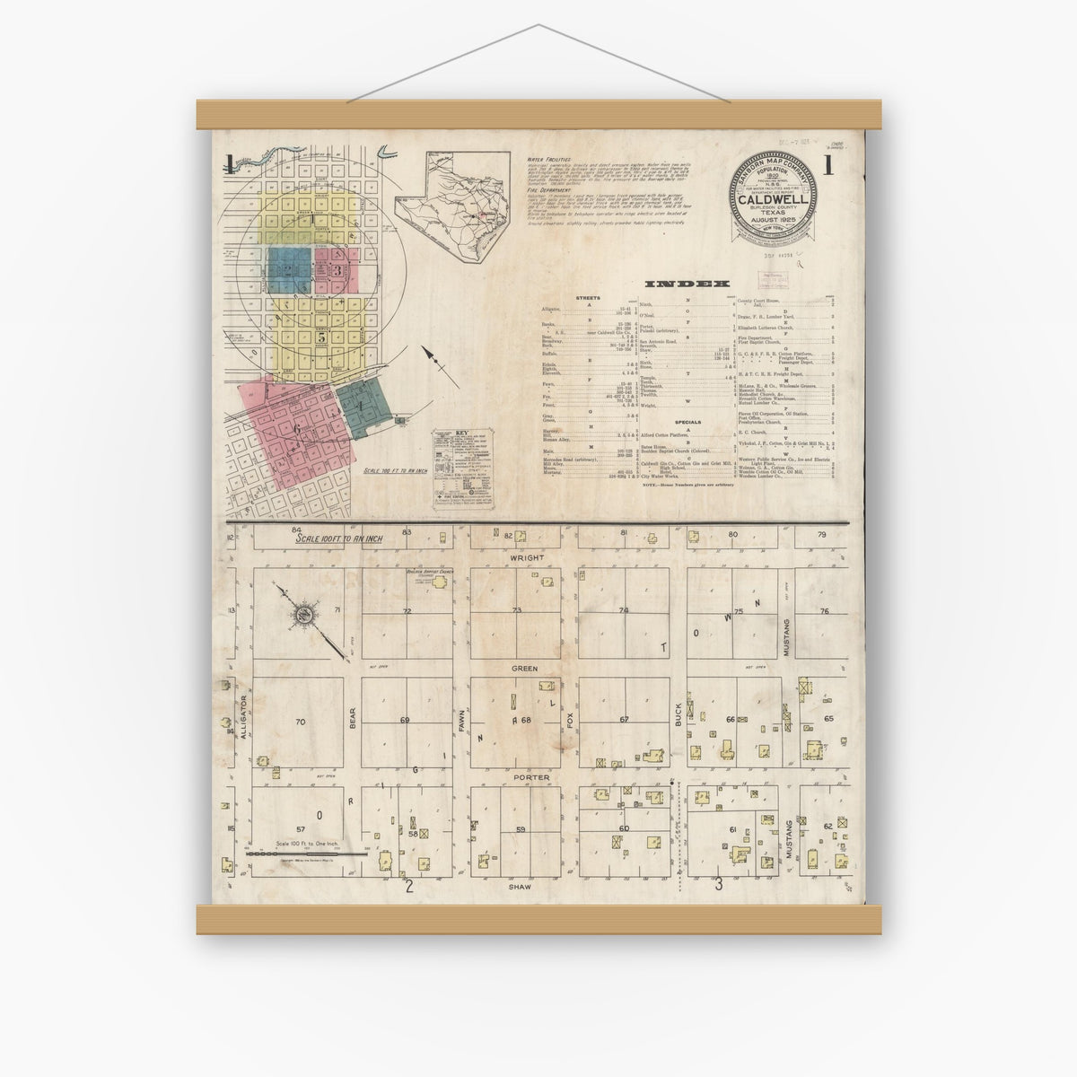 Old map wall art mockup — magnetic wood frame on white wall — Sanborn Fire Insurance Map from Caldwell, Burleson County, Texas (1925) - Complete Map Set