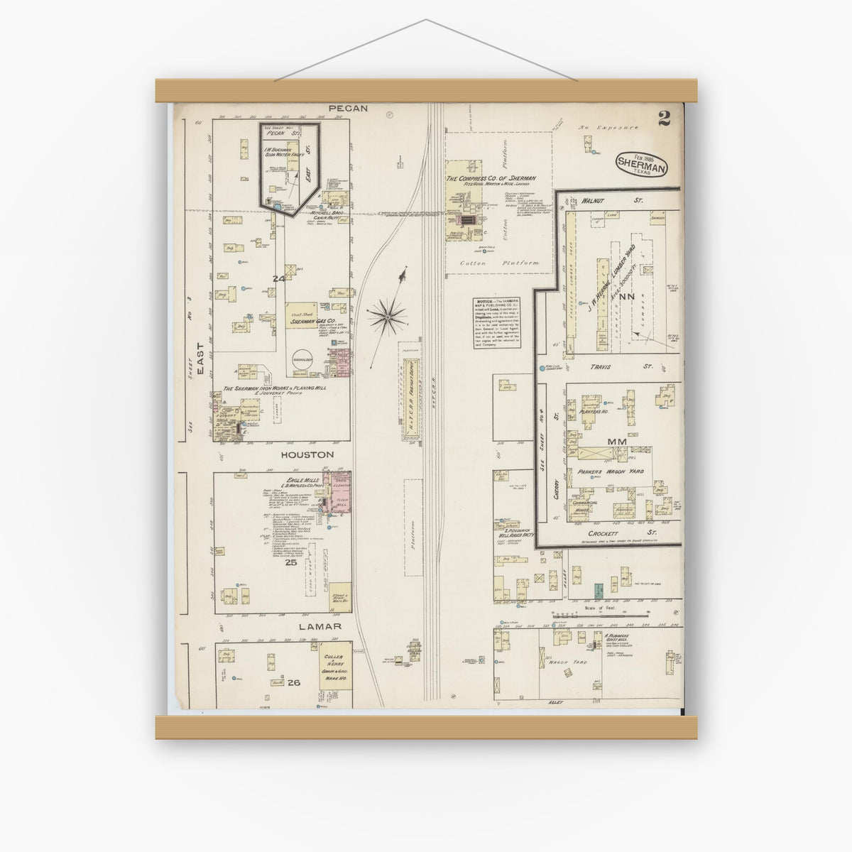 Old map wall art mockup — magnetic wood frame on white wall — Sanborn Fire Insurance Map from Sherman, Grayson County, Texas (1885), Sheet #0002