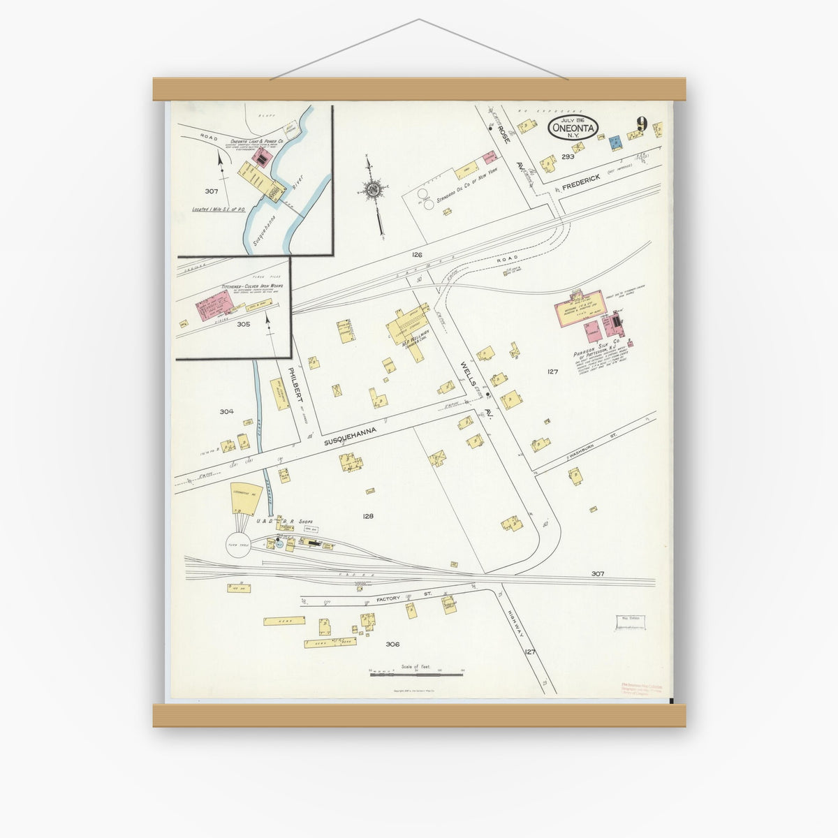Old map wall art mockup — magnetic wood frame on white wall — Sanborn Fire Insurance Map from Oneonta, Otsego County, New York (1916), Sheet #0009