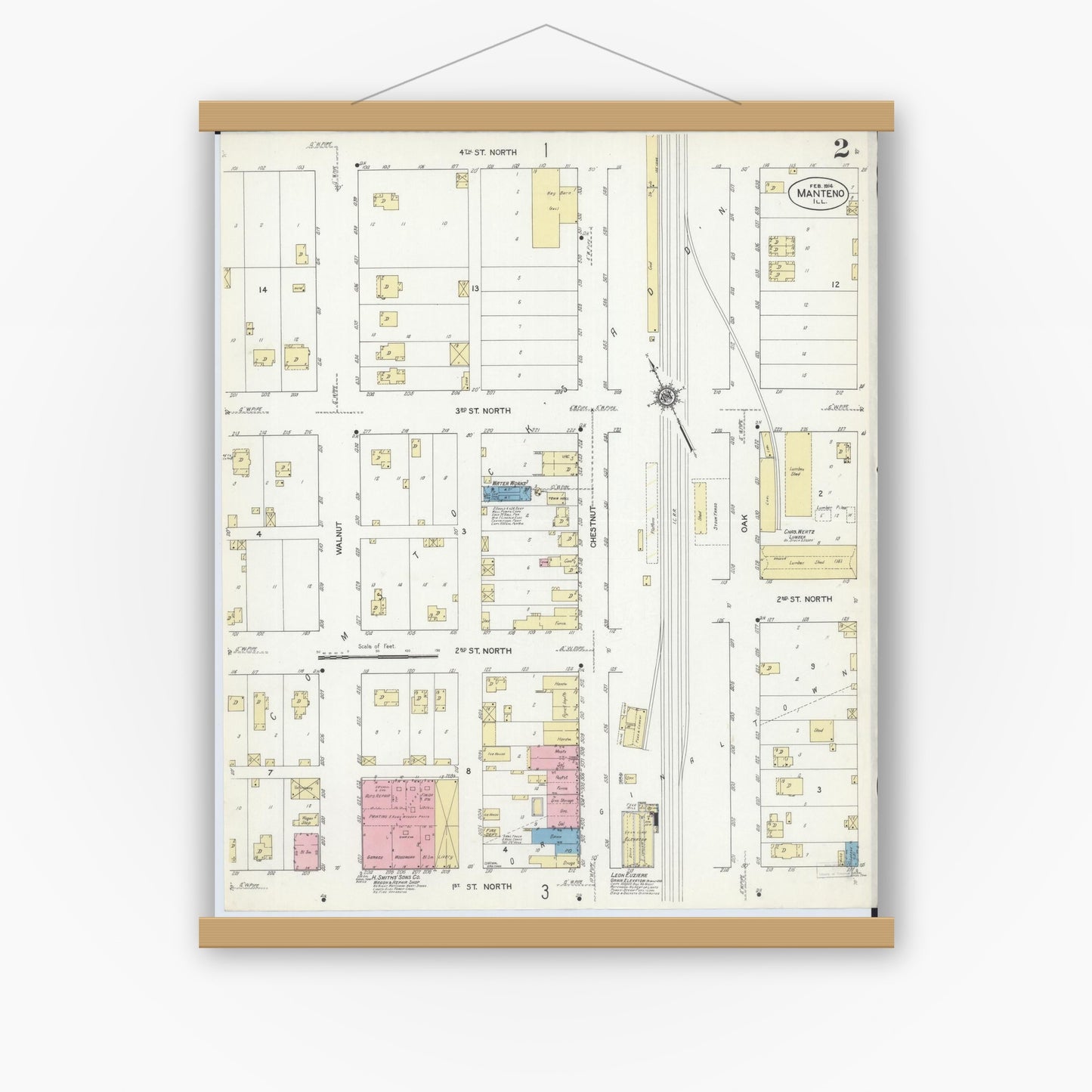 Old map wall art mockup — magnetic wood frame on white wall — Sanborn Fire Insurance Map from Manteno, Kankakee County, Illinois (1914), Sheet #0002