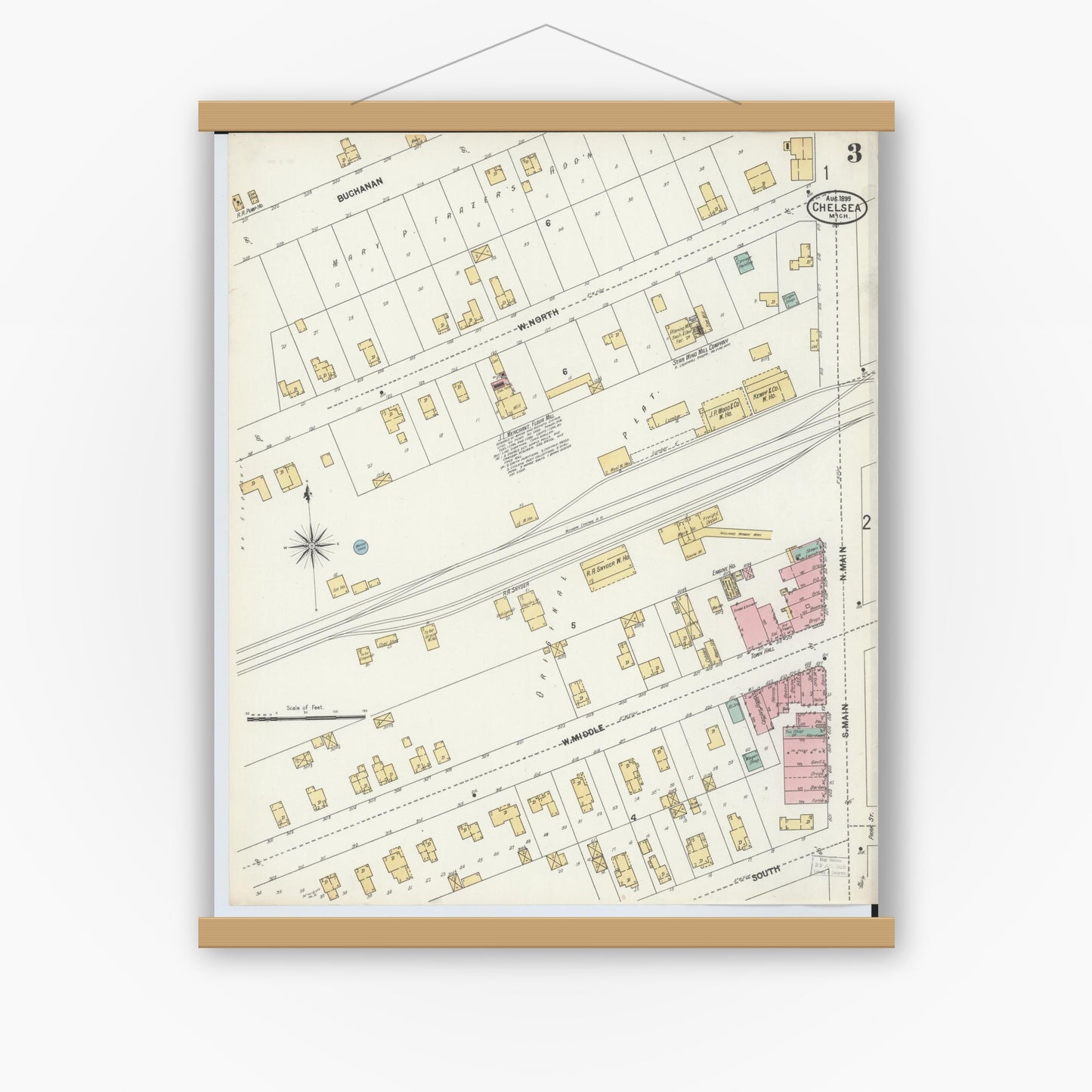 Old map wall art mockup — magnetic wood frame on white wall — Sanborn Fire Insurance Map from Chelsea, Washtenaw County, Michigan (1899), Sheet #0003