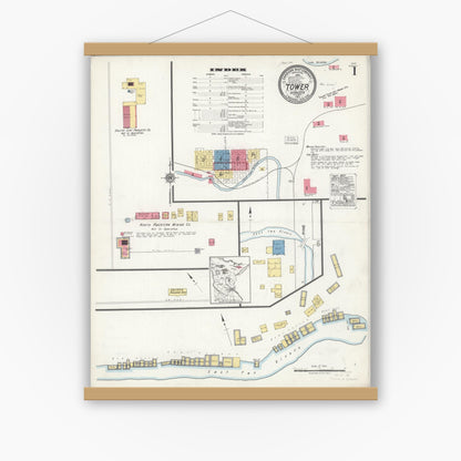 Old map wall art mockup — magnetic wood frame on white wall — Sanborn Fire Insurance Map from Tower, Saint Louis County, Minnesota (1921), Sheet #0001