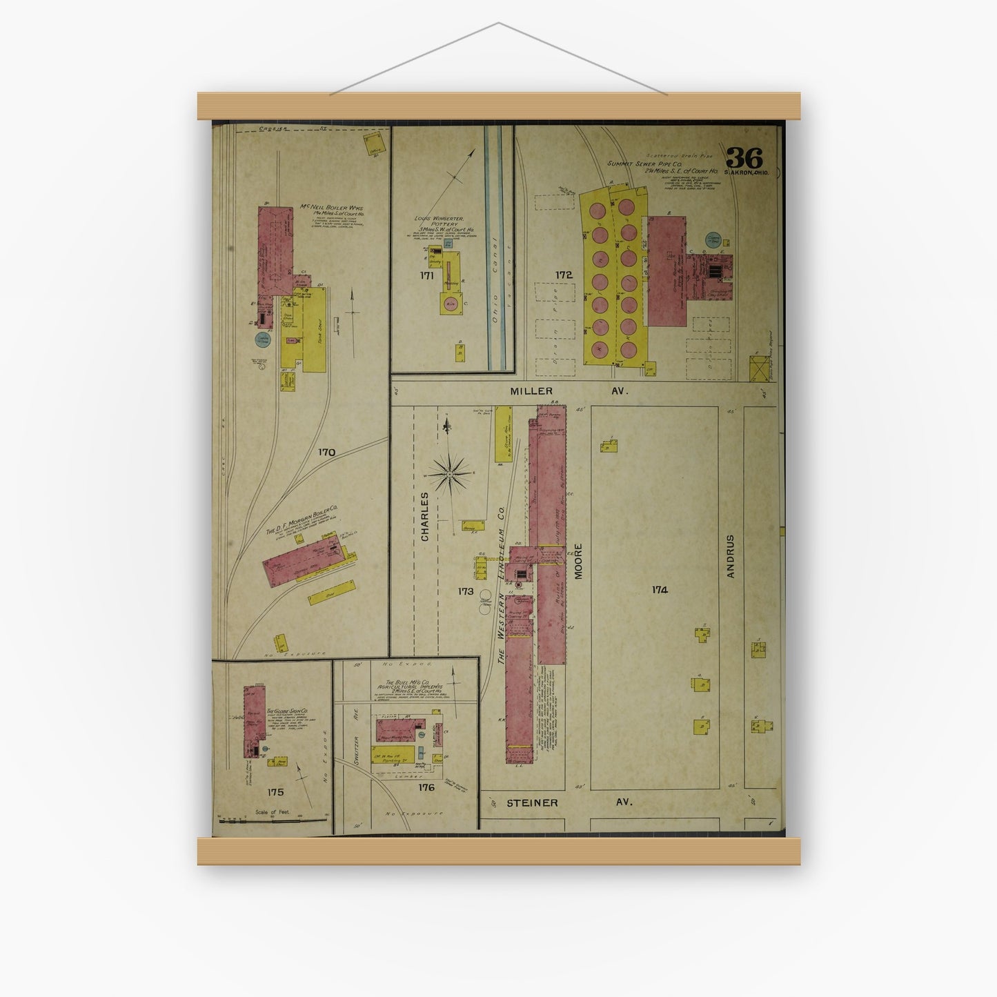 Old map wall art mockup — magnetic wood frame on white wall — Sanborn Fire Insurance Map from Akron, Summit County, Ohio (1892), Sheet #0036
