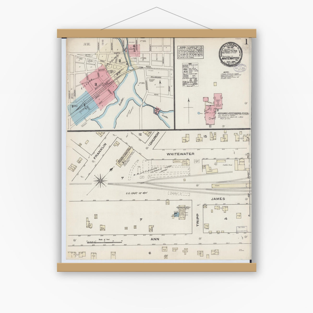 Old map wall art mockup — magnetic wood frame on white wall — Sanborn Fire Insurance Map from Whitewater, Walworth County, Wisconsin (1884) - Complete Map Set