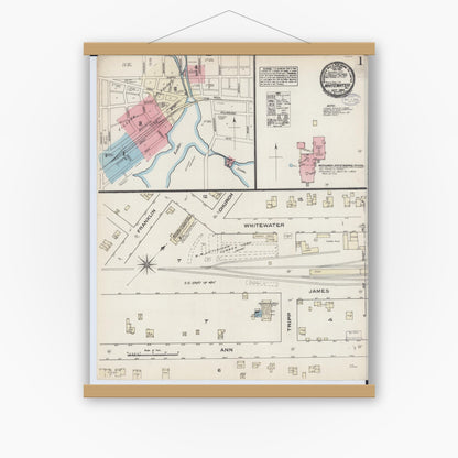 Old map wall art mockup — magnetic wood frame on white wall — Sanborn Fire Insurance Map from Whitewater, Walworth County, Wisconsin (1884) - Complete Map Set