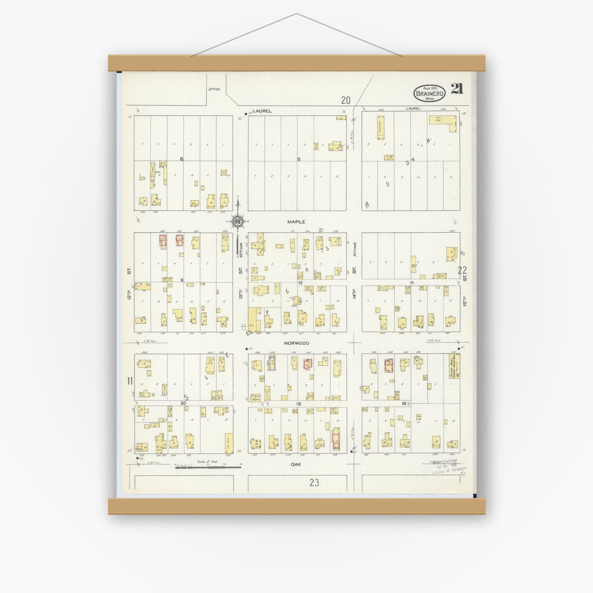 Old map wall art mockup — magnetic wood frame on white wall — Sanborn Fire Insurance Map from Brainerd, Crow Wing County, Minnesota (1913), Sheet #0021