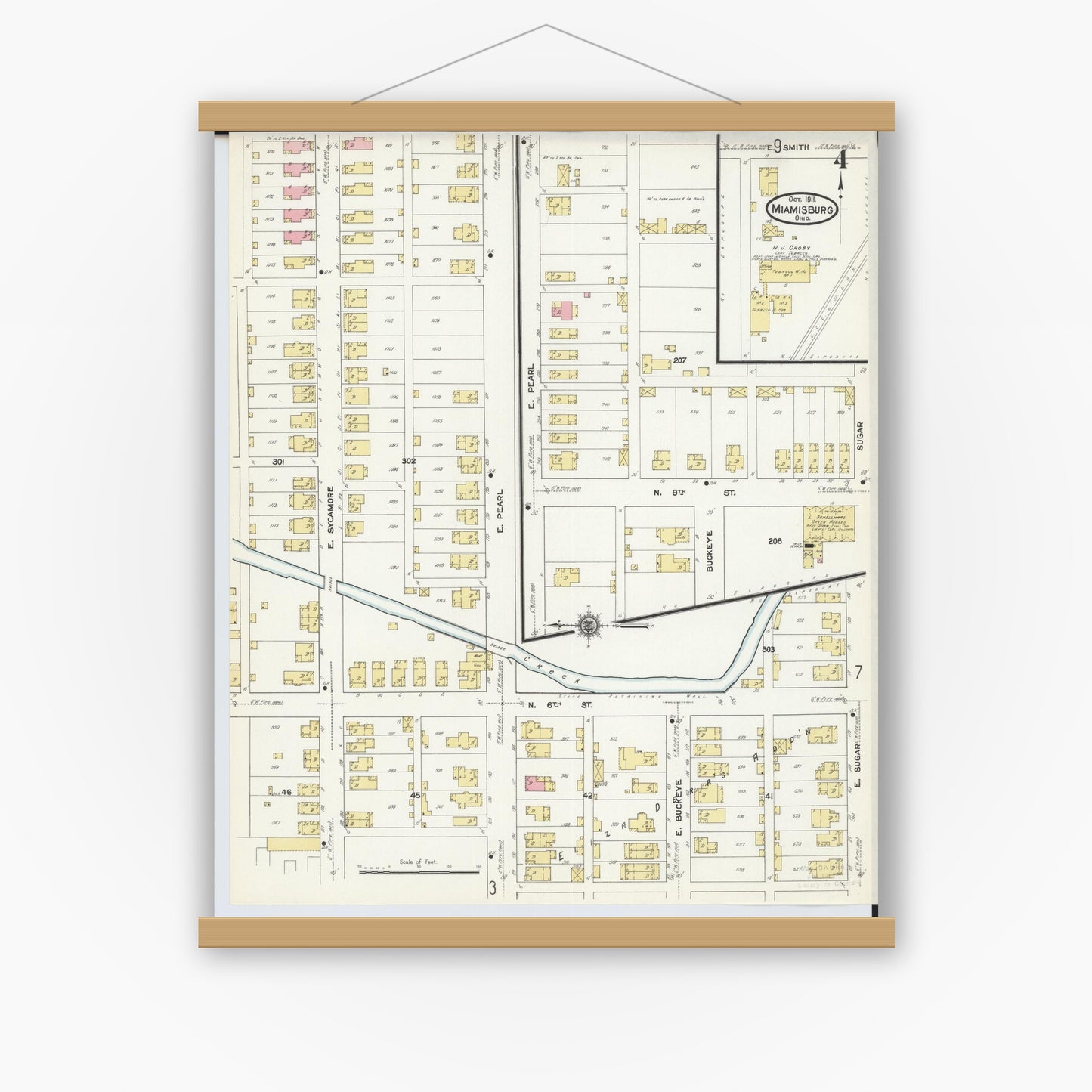 Old map wall art mockup — magnetic wood frame on white wall — Sanborn Fire Insurance Map from Miamisburg, Montgomery County, Ohio (1911), Sheet #0004