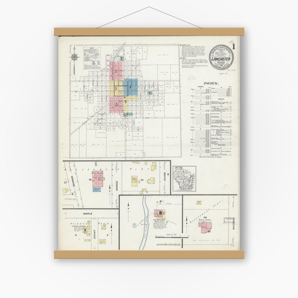 Old map wall art mockup — magnetic wood frame on white wall — Sanborn Fire Insurance Map from Lancaster, Grant County, Wisconsin (1912) - Complete Map Set