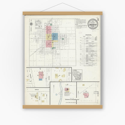 Old map wall art mockup — magnetic wood frame on white wall — Sanborn Fire Insurance Map from Lancaster, Grant County, Wisconsin (1912) - Complete Map Set