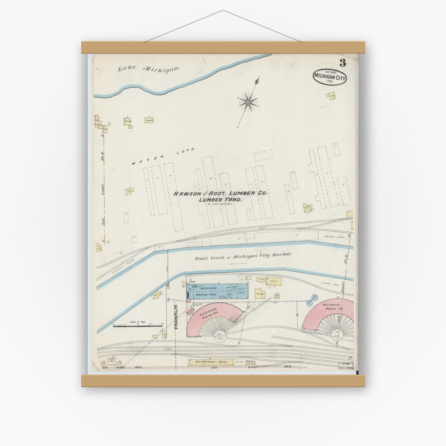 Old map wall art mockup — magnetic wood frame on white wall — Sanborn Fire Insurance Map from Michigan City, La Porte County, Indiana (1889), Sheet #0003