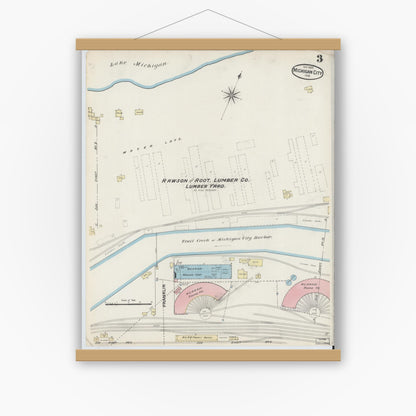 Old map wall art mockup — magnetic wood frame on white wall — Sanborn Fire Insurance Map from Michigan City, La Porte County, Indiana (1889), Sheet #0003