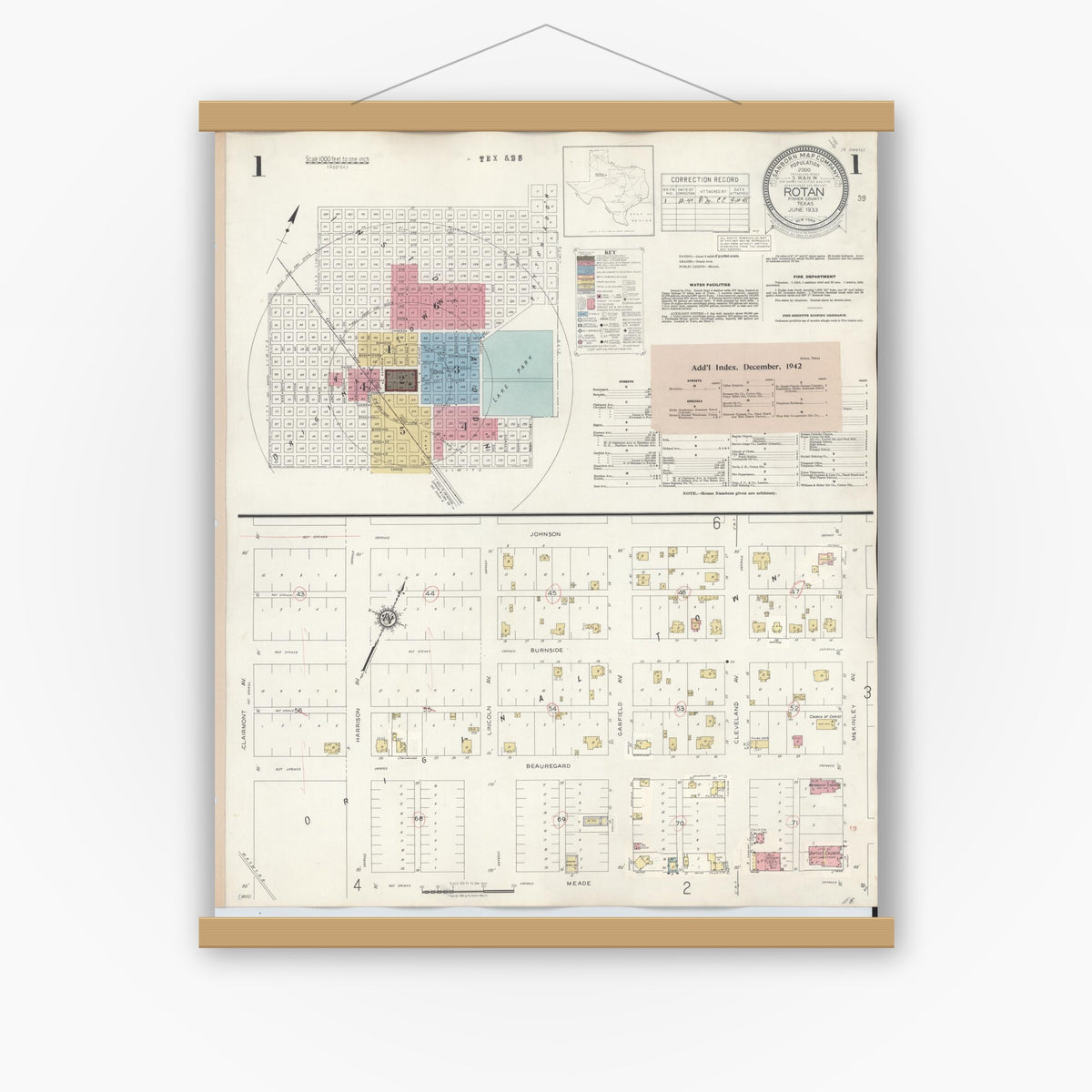 Old map wall art mockup — magnetic wood frame on white wall — Sanborn Fire Insurance Map from Rotan, Fisher County, Texas (1940) - Complete Map Set