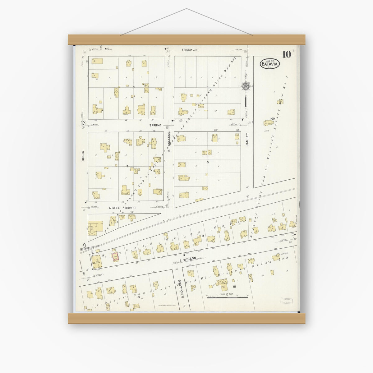 Old map wall art mockup — magnetic wood frame on white wall — Sanborn Fire Insurance Map from Batavia, Kane County, Illinois (1916), Sheet #0010