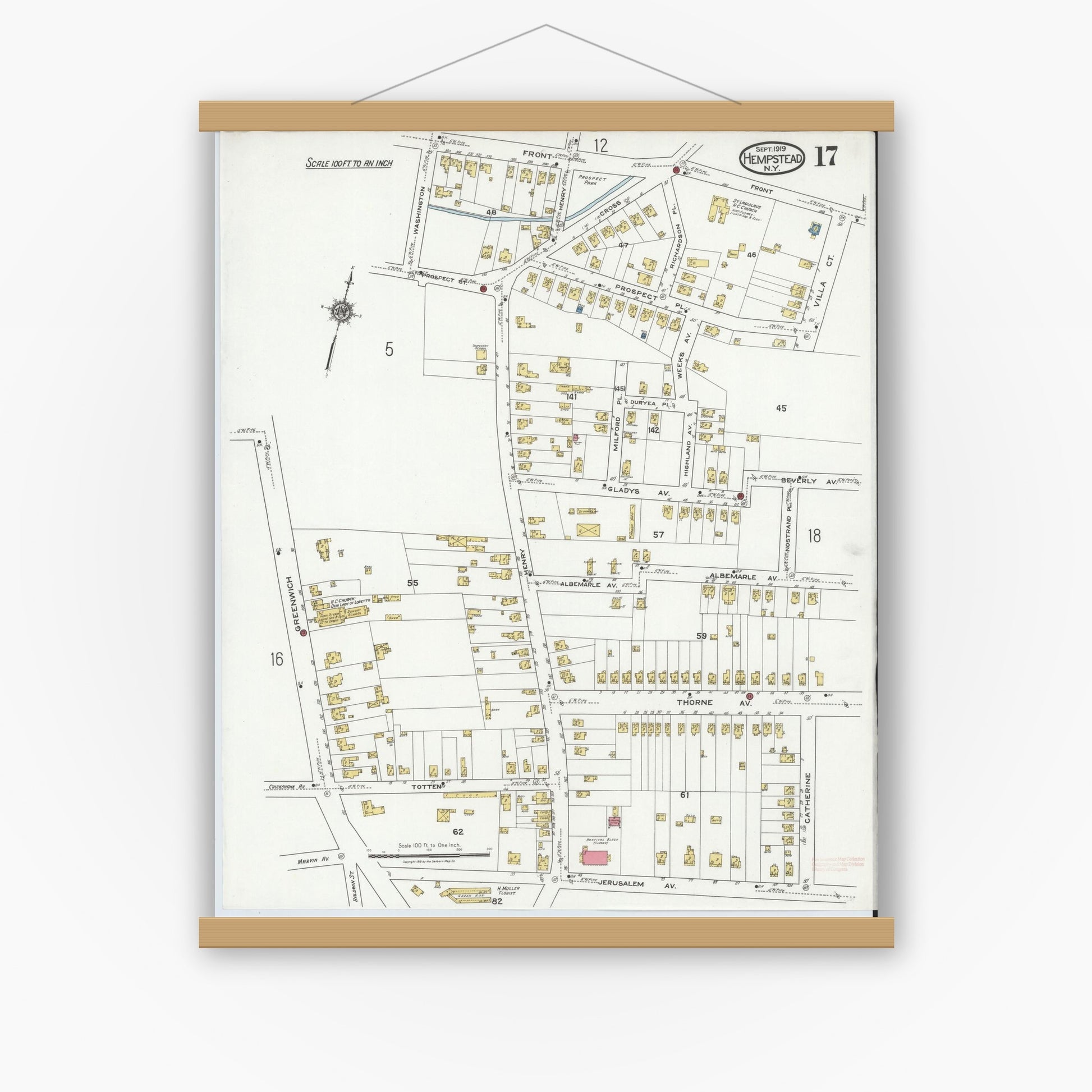 Old map wall art mockup — magnetic wood frame on white wall — Sanborn Fire Insurance Map from Hempstead, Nassau County, New York (1919), Sheet #0017
