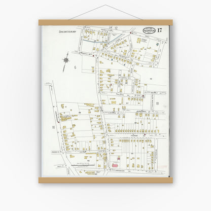 Old map wall art mockup — magnetic wood frame on white wall — Sanborn Fire Insurance Map from Hempstead, Nassau County, New York (1919), Sheet #0017