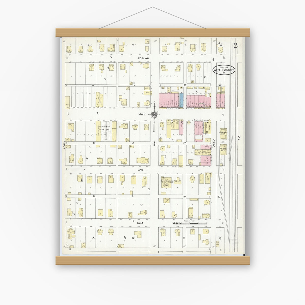 Old map wall art mockup — magnetic wood frame on white wall — Sanborn Fire Insurance Map from West Frankfort, Franklin County, Illinois (1914), Sheet #0002
