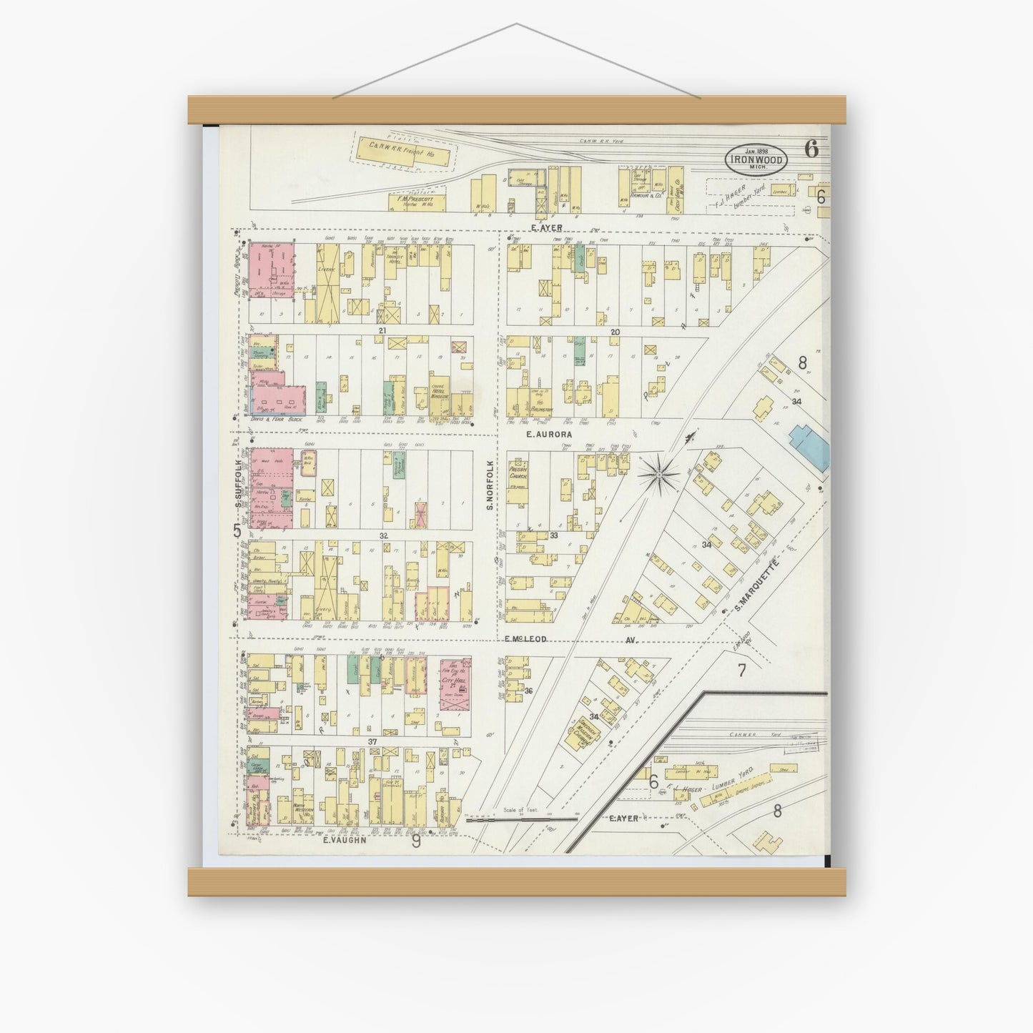 Old map wall art mockup — magnetic wood frame on white wall — Sanborn Fire Insurance Map from Ironwood, Gogebic County, Michigan (1898), Sheet #0006