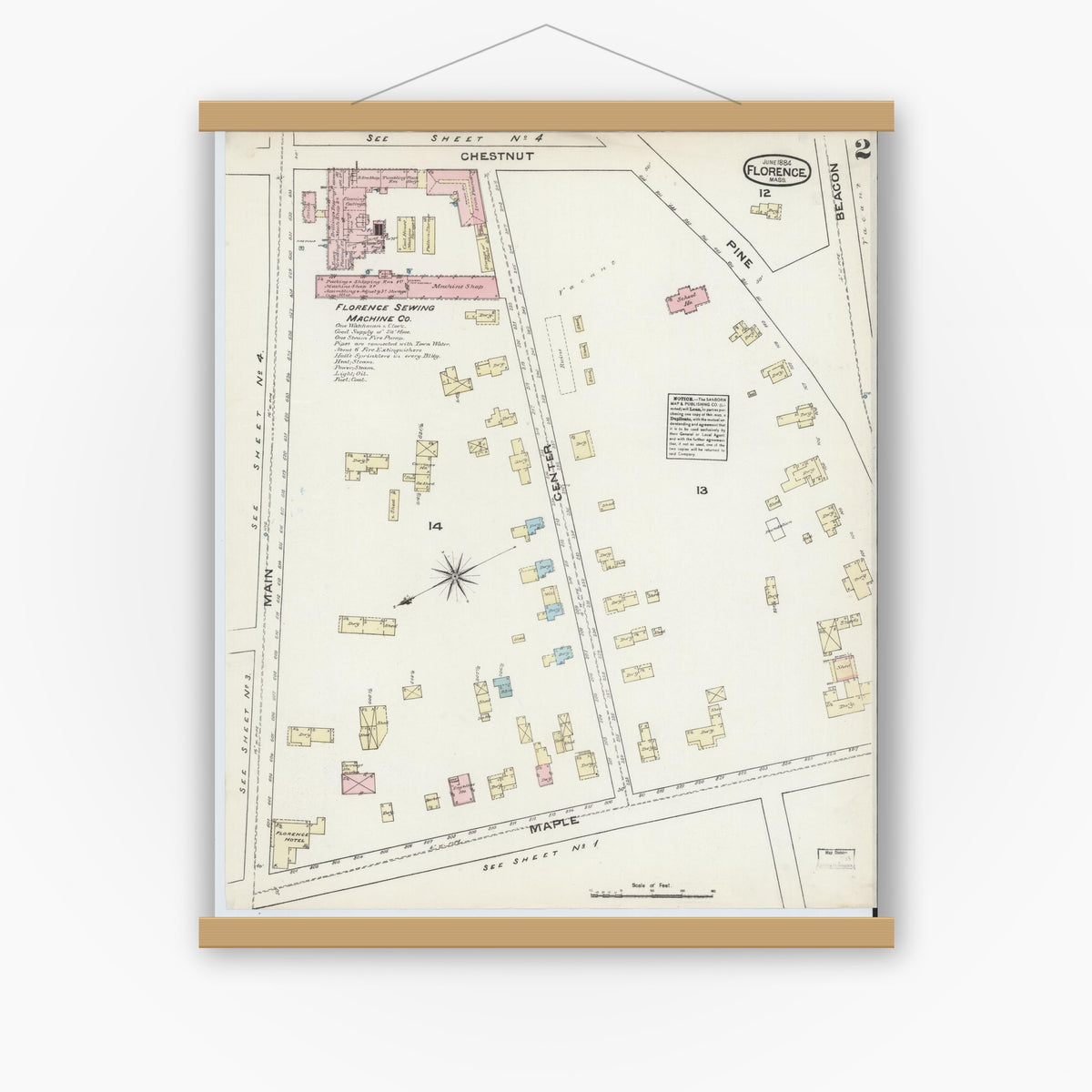 Old map wall art mockup — magnetic wood frame on white wall — Sanborn Fire Insurance Map from Florence, Hampshire County, Massachusetts (1884), Sheet #0002
