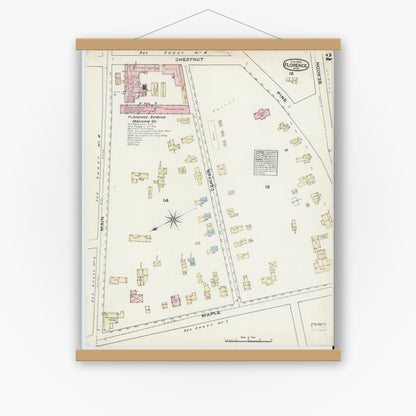 Old map wall art mockup — magnetic wood frame on white wall — Sanborn Fire Insurance Map from Florence, Hampshire County, Massachusetts (1884), Sheet #0002