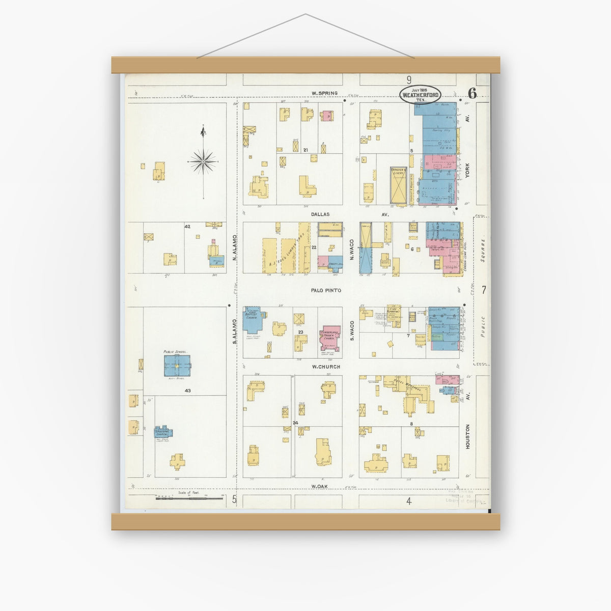 Old map wall art mockup — magnetic wood frame on white wall — Sanborn Fire Insurance Map from Weatherford, Parker County, Texas (1905), Sheet #0006
