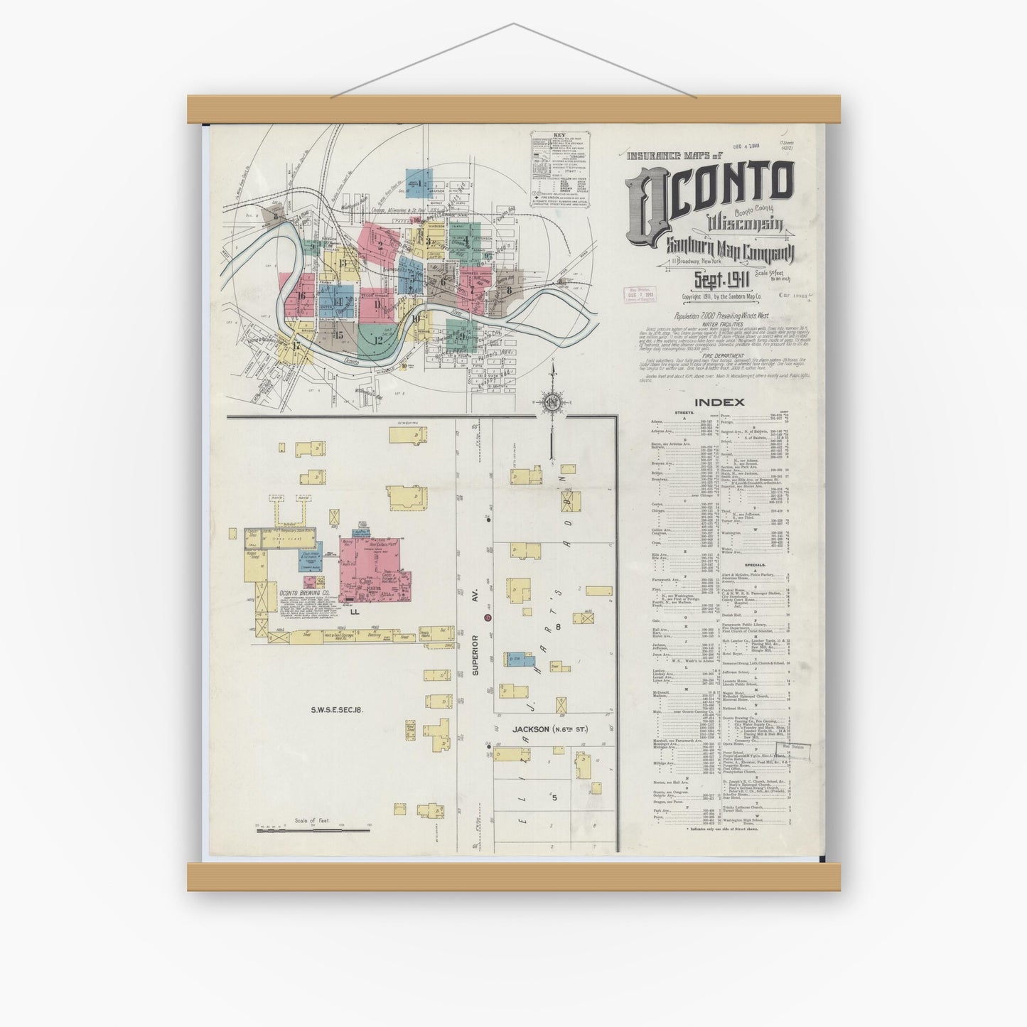 Old map wall art mockup — magnetic wood frame on white wall — Sanborn Fire Insurance Map from Oconto, Oconto County, Wisconsin (1911), Sheet #0001