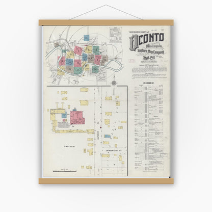Old map wall art mockup — magnetic wood frame on white wall — Sanborn Fire Insurance Map from Oconto, Oconto County, Wisconsin (1911), Sheet #0001
