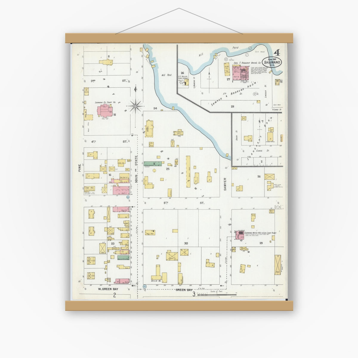 Old map wall art mockup — magnetic wood frame on white wall — Sanborn Fire Insurance Map from Shawano, Shawano County, Wisconsin (1901), Sheet #0004