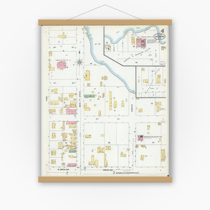 Old map wall art mockup — magnetic wood frame on white wall — Sanborn Fire Insurance Map from Shawano, Shawano County, Wisconsin (1901), Sheet #0004