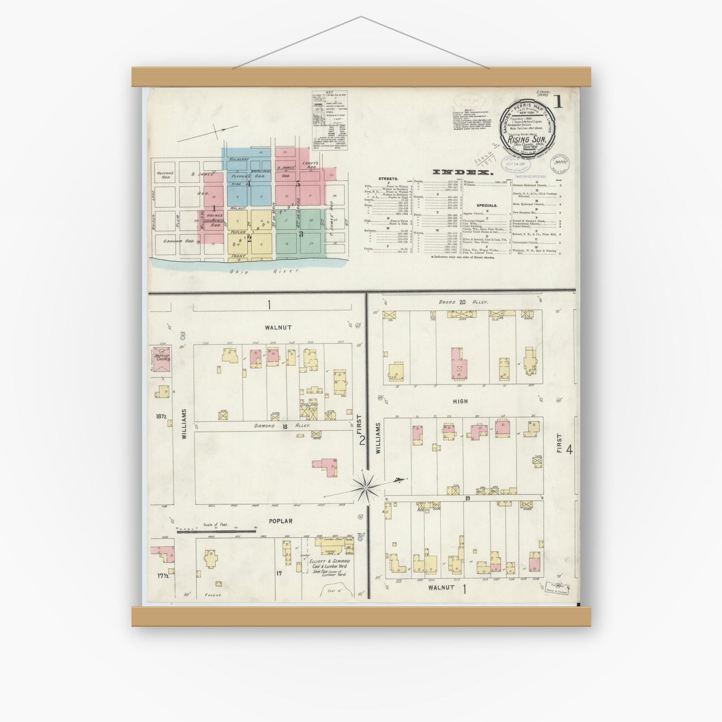 Old map wall art mockup — magnetic wood frame on white wall — Sanborn Fire Insurance Map from Rising Sun, Ohio County, Indiana (1897) - Complete Map Set