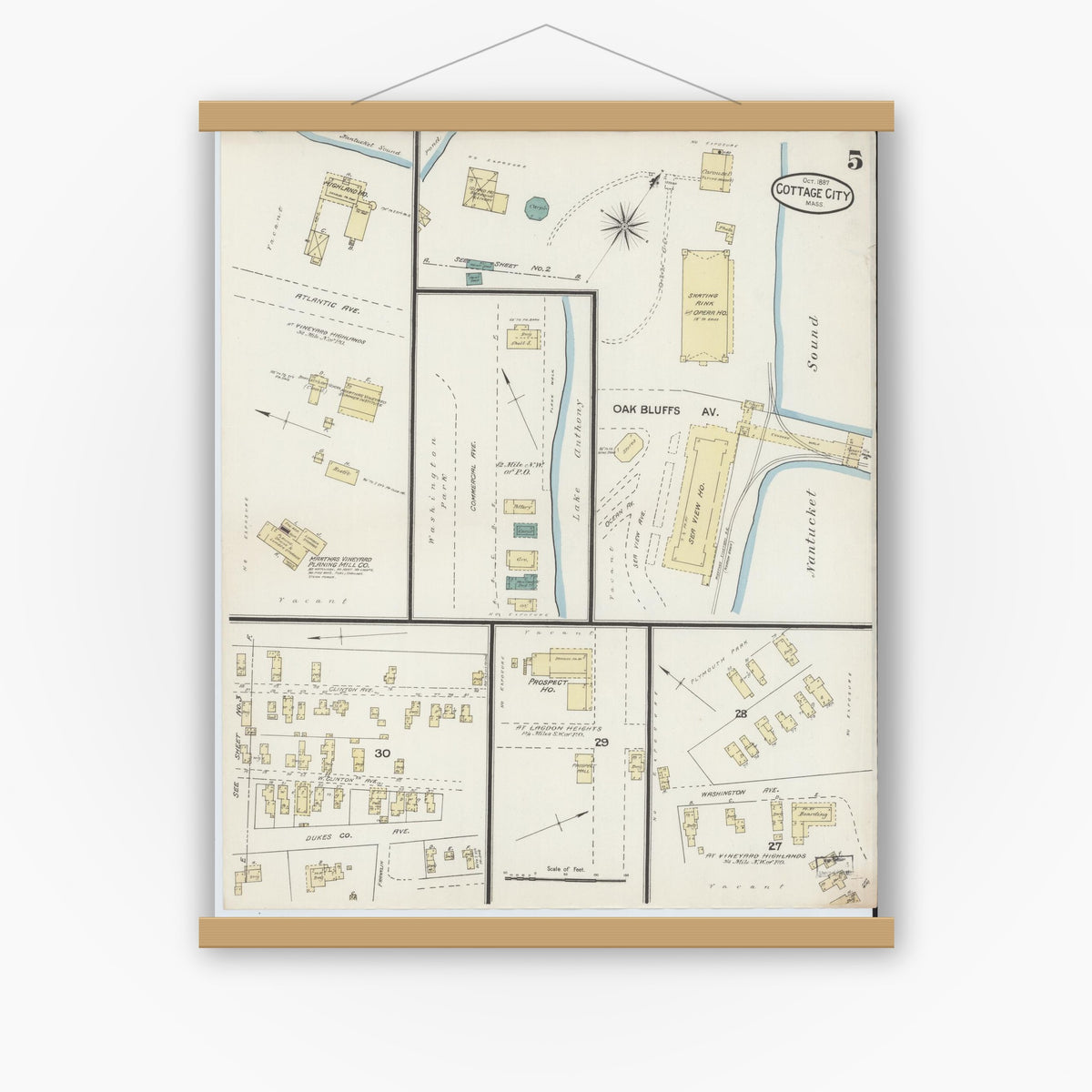 Old map wall art mockup — magnetic wood frame on white wall — Sanborn Fire Insurance Map from Cottage City, Dukes County, Massachusetts (1887), Sheet #0005