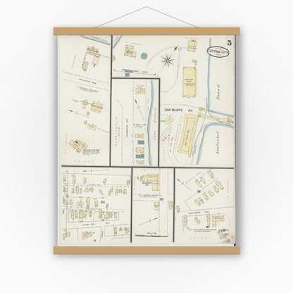 Old map wall art mockup — magnetic wood frame on white wall — Sanborn Fire Insurance Map from Cottage City, Dukes County, Massachusetts (1887), Sheet #0005