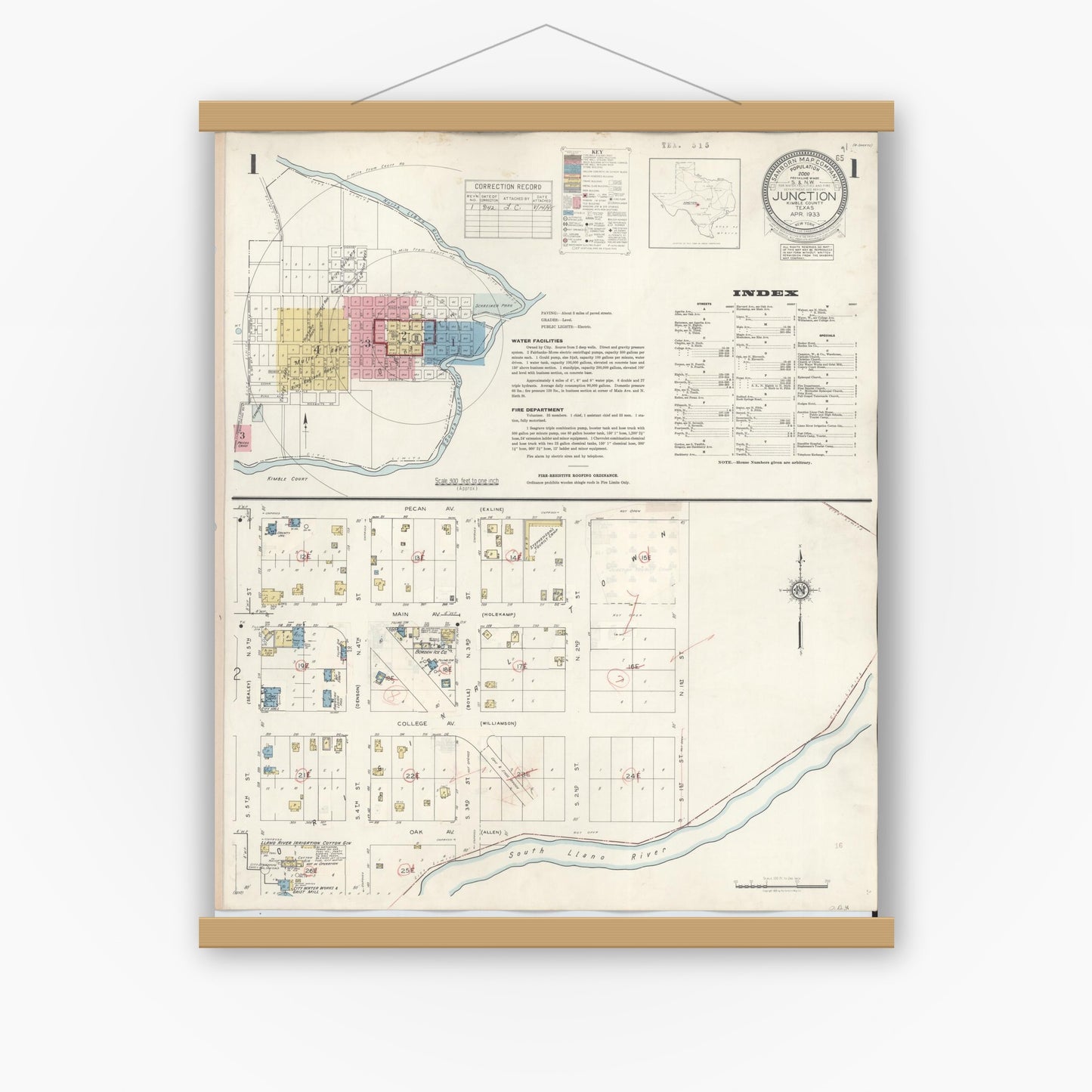 Old map wall art mockup — magnetic wood frame on white wall — Sanborn Fire Insurance Map from Junction, Kimble County, Texas (1942), Sheet #0001