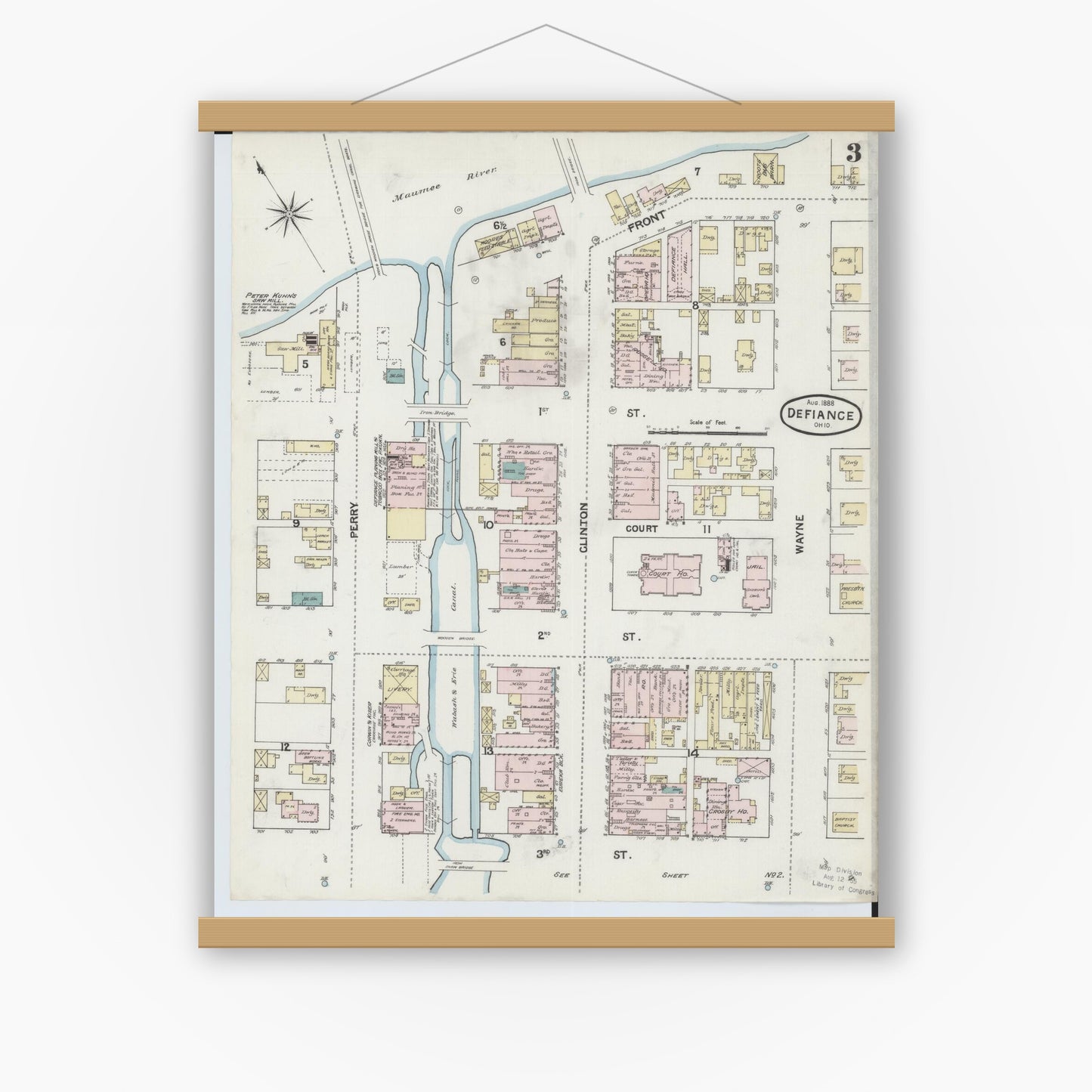 Old map wall art mockup — magnetic wood frame on white wall — Sanborn Fire Insurance Map from Defiance, Defiance County, Ohio (1888), Sheet #0003