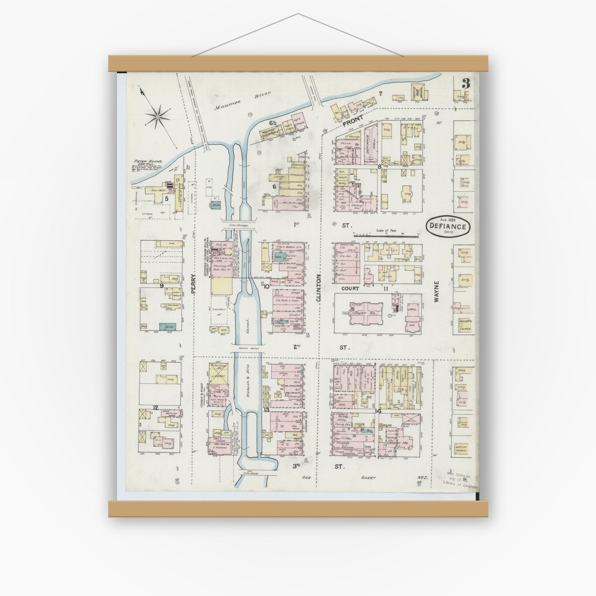 Old map wall art mockup — magnetic wood frame on white wall — Sanborn Fire Insurance Map from Defiance, Defiance County, Ohio (1888), Sheet #0003