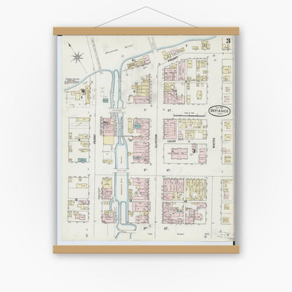 Old map wall art mockup — magnetic wood frame on white wall — Sanborn Fire Insurance Map from Defiance, Defiance County, Ohio (1888), Sheet #0003