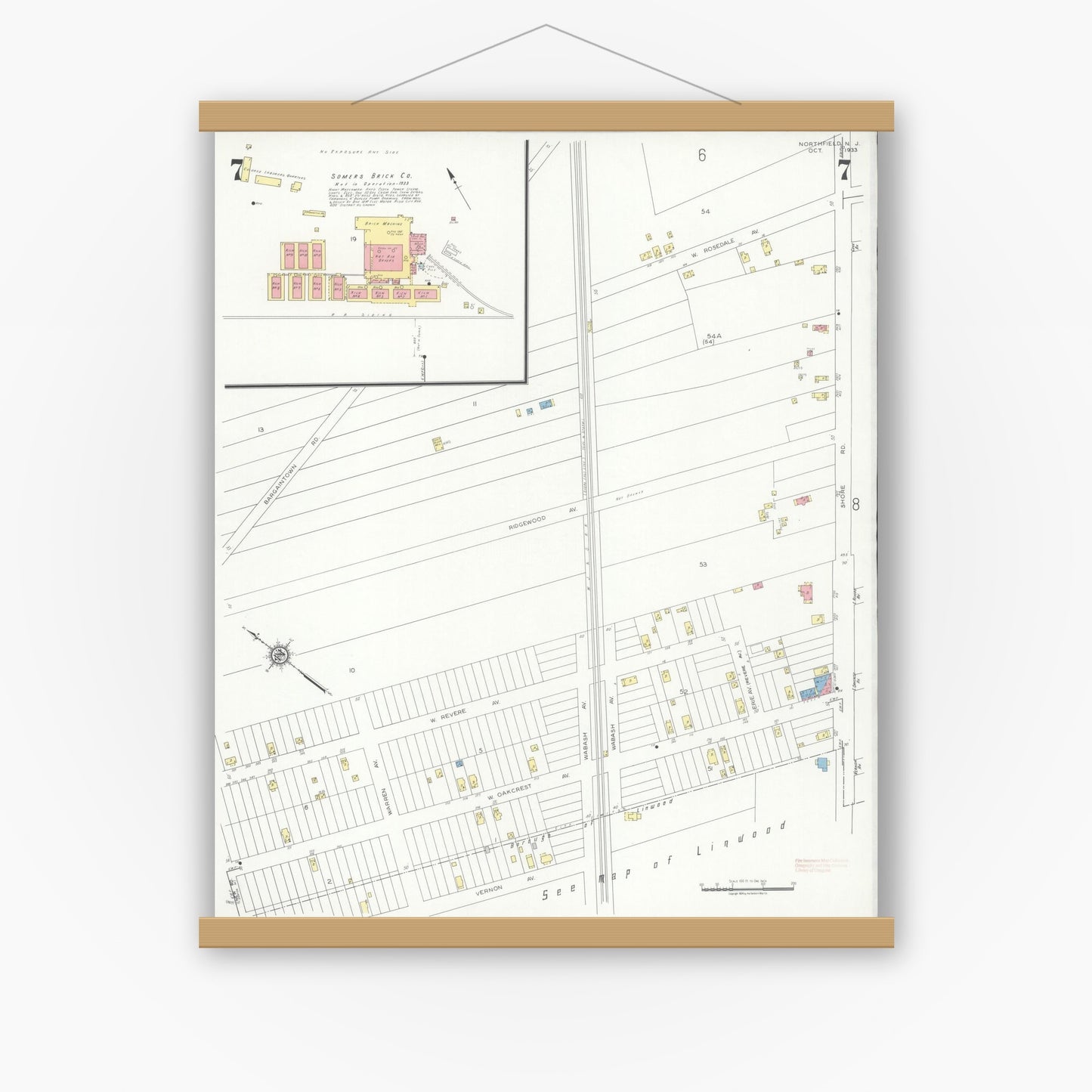 Old map wall art mockup — magnetic wood frame on white wall — Sanborn Fire Insurance Map from Northfield, Atlantic County, New Jersey (1933), Sheet #0007