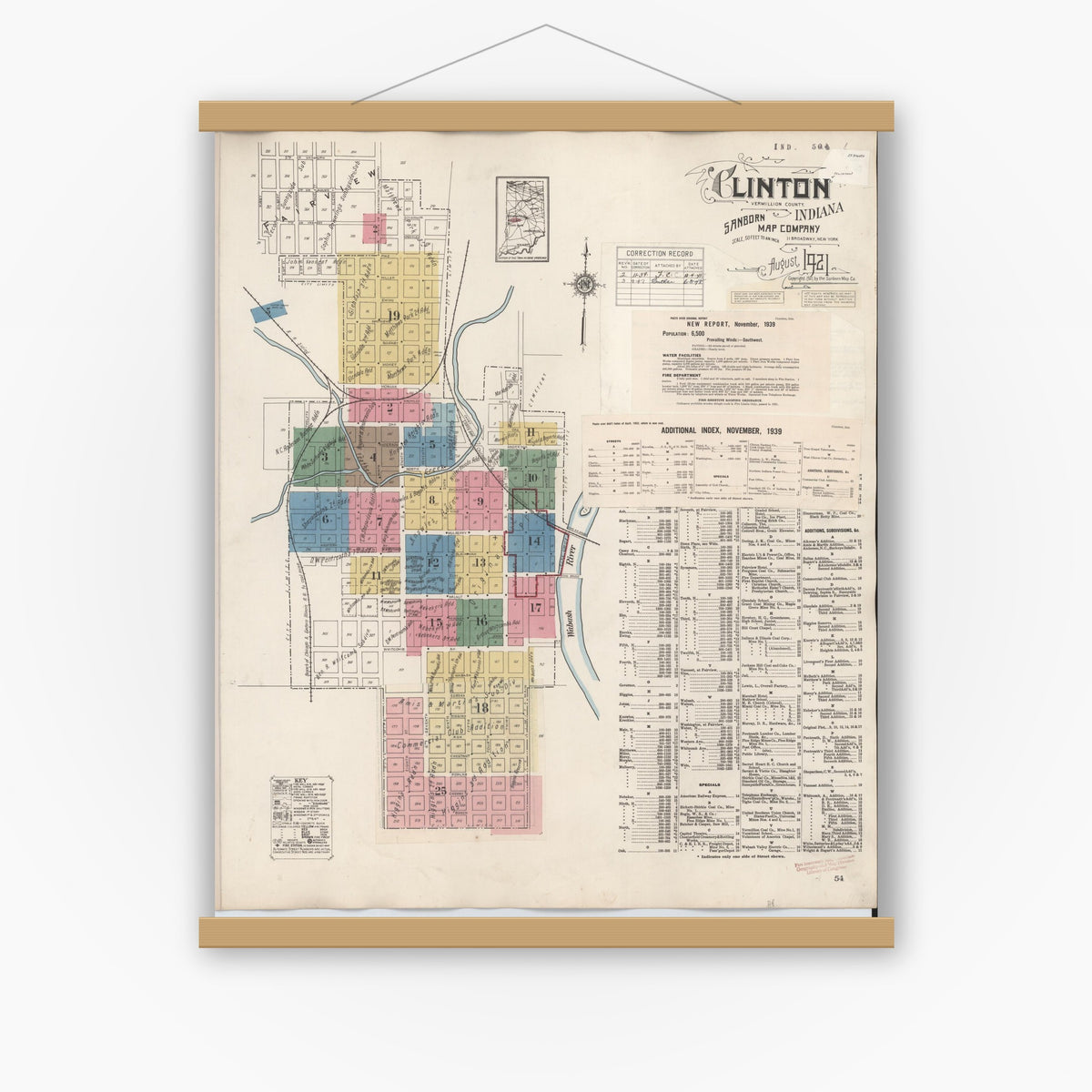 Old map wall art mockup — magnetic wood frame on white wall — Sanborn Fire Insurance Map from Clinton, Vermillion County, Indiana (1947), Sheet #0001