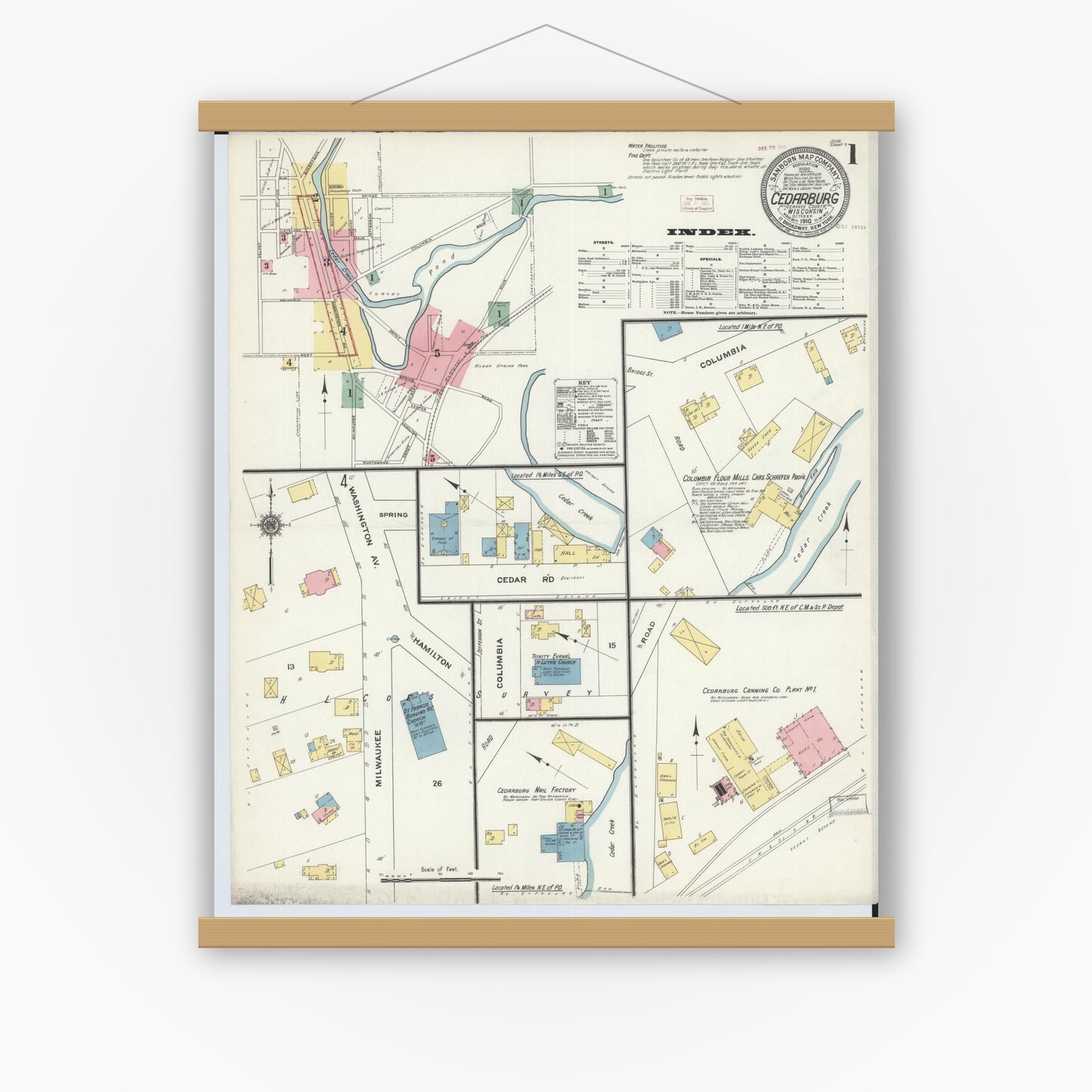 Old map wall art mockup — magnetic wood frame on white wall — Sanborn Fire Insurance Map from Cedarburg, Ozaukee County, Wisconsin (1910), Sheet #0001