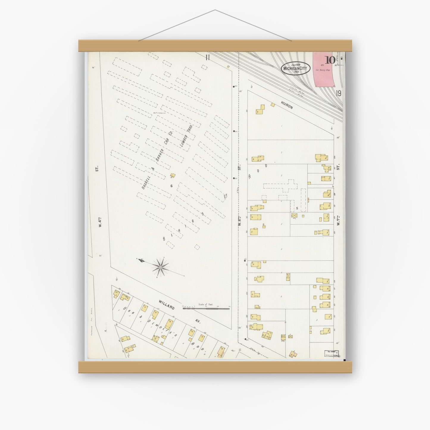 Old map wall art mockup — magnetic wood frame on white wall — Sanborn Fire Insurance Map from Michigan City, La Porte County, Indiana (1899), Sheet #0010