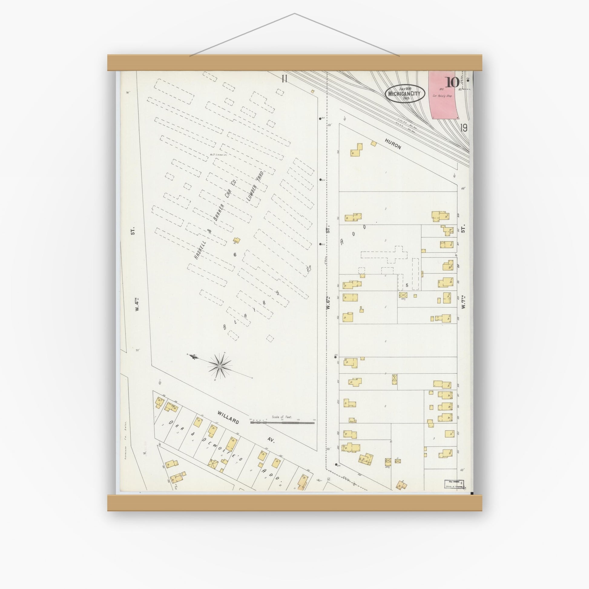 Old map wall art mockup — magnetic wood frame on white wall — Sanborn Fire Insurance Map from Michigan City, La Porte County, Indiana (1899), Sheet #0010